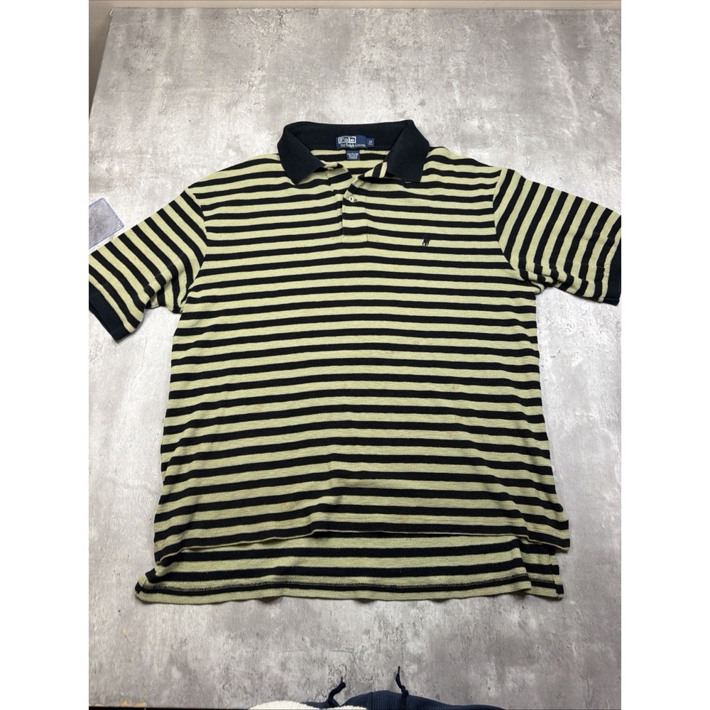 Ralph Lauren Polo Shirt Mens Size LT Black Striped Waffle Knit Pony Short Sleeve
